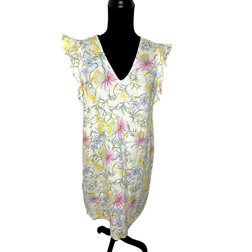 NWOT JOIE 100% LINEN FLORAL SHIFT DRESS FLUTTER SLEEVE KNEE‎ LENGTH WOMEN SIZE M